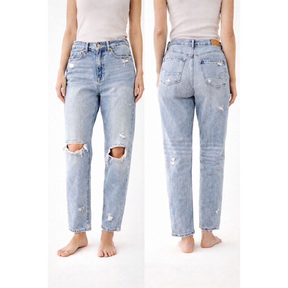 American Eagle Mom Jeans Light Wash Distressed High-Rise Tapered Denim Size 4